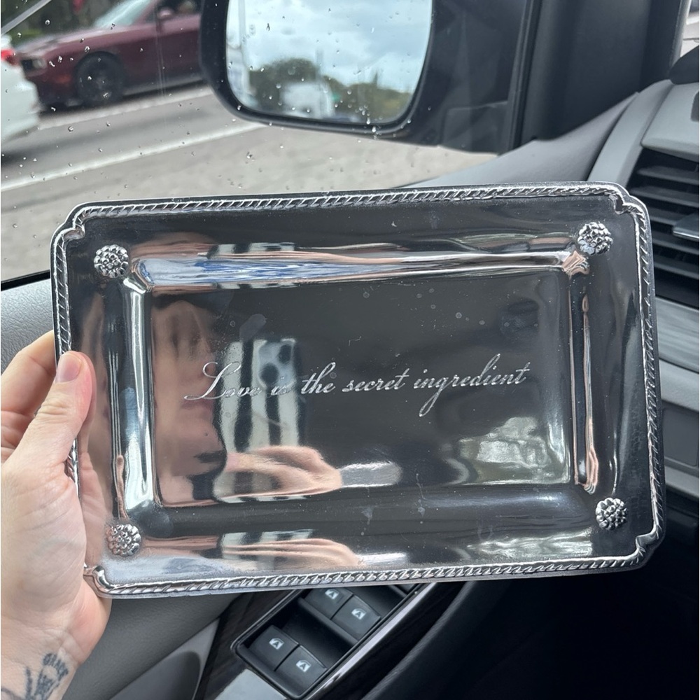 One of a kind silver dish 9” with inscription